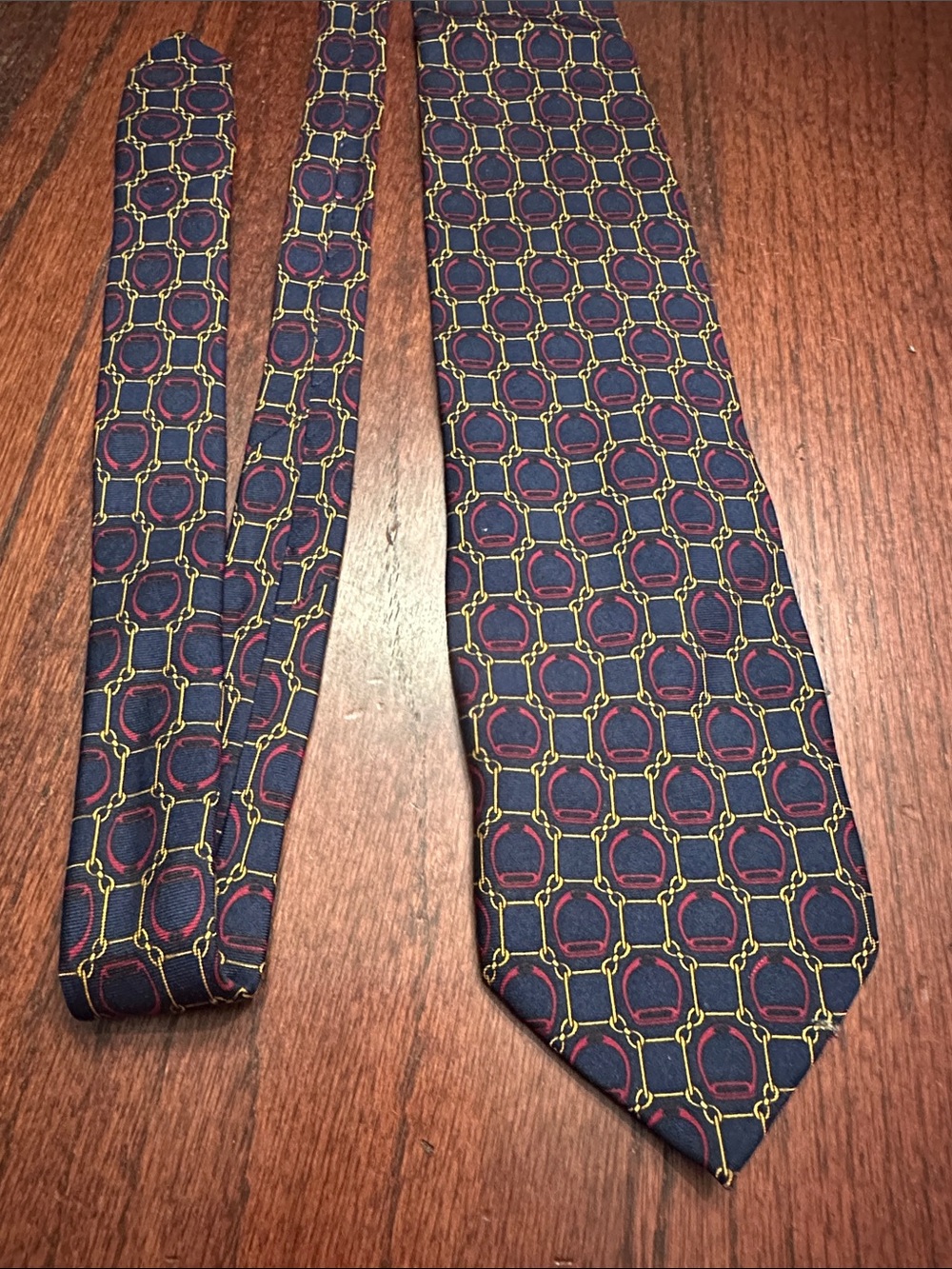 Paolo Gucci Navy Silk Tie with Burgundy Medallion and Gold Link Pattern